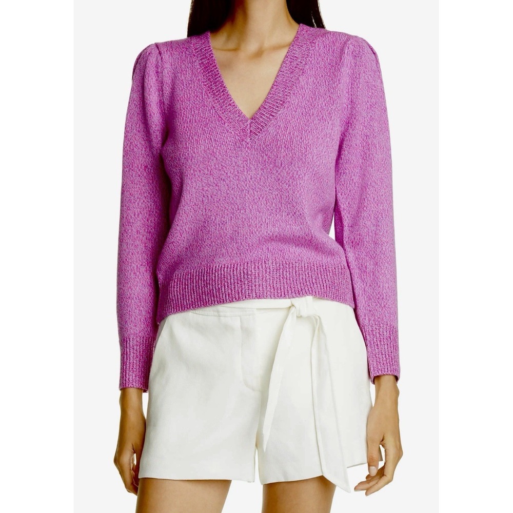 Veronica Beard Kenia Merino Wool Blend V-Neck Puff Shoulder Sweater Fuchsia XS
